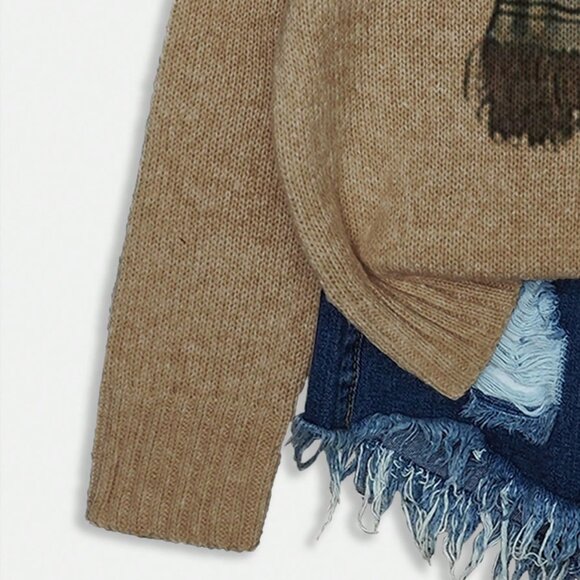 Brown Casual Women's Cow Print Crew Neck Pullover - Picture 7 of 7